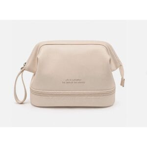 Cream Travel Toiletry Bag Cosmetic Makeup Organizer with Bottom Compartment